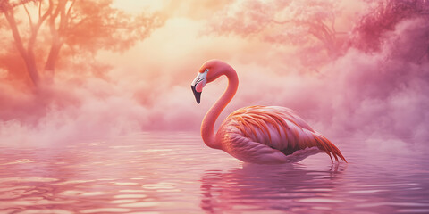 Fototapeta premium Flamingo Wading Through an Ocean of Pink Background for Surreal Art, Dreamlike Visions, or Fantasy Landscapes