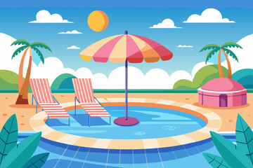Beach with umbrella, chairs, and tropical scenery in a Swimming pool with summer vacation concept