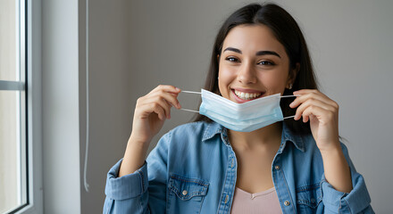 Smiling Young Woman Removing Face Mask Indoors with Hopeful Expression