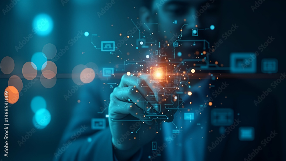 Poster person and a computer chip symbolizing digital innovation in double exposure with copy space. concep