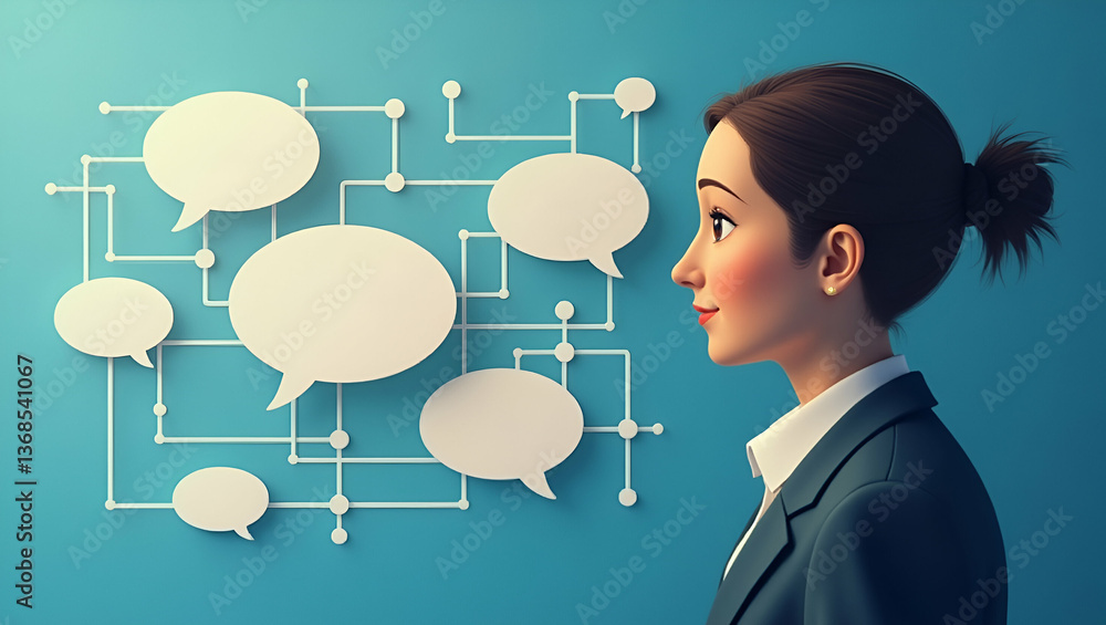 Poster 3d flat icon as businessperson with speech bubbles and digital connections overlay symbolizing innov