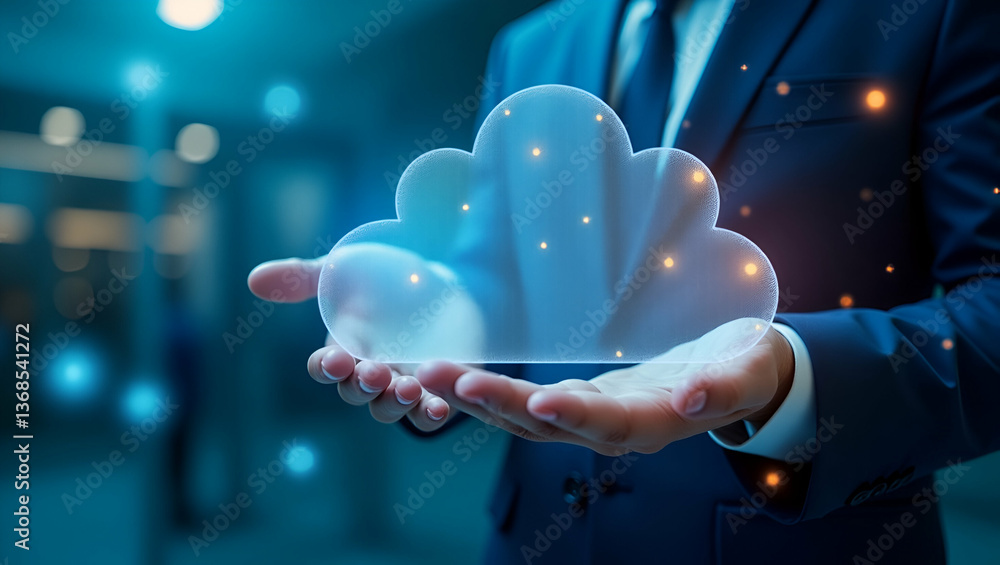 Poster 3d flat icon: overhead view of business environment with cloud integration & tech overlay