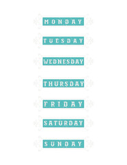 Elegant Monday through Sunday Days of the week transparent background planner labels for digital journaling and scrapbooking in teal and white