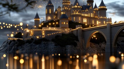 Fototapeta premium Fantasy castle illuminated at night with string lights reflecting in water creating a magical atmosphere