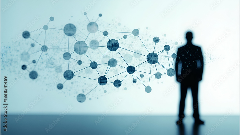 Aufkleber silhouette of a person merged with a network diagram: a double exposure concept for system design an
