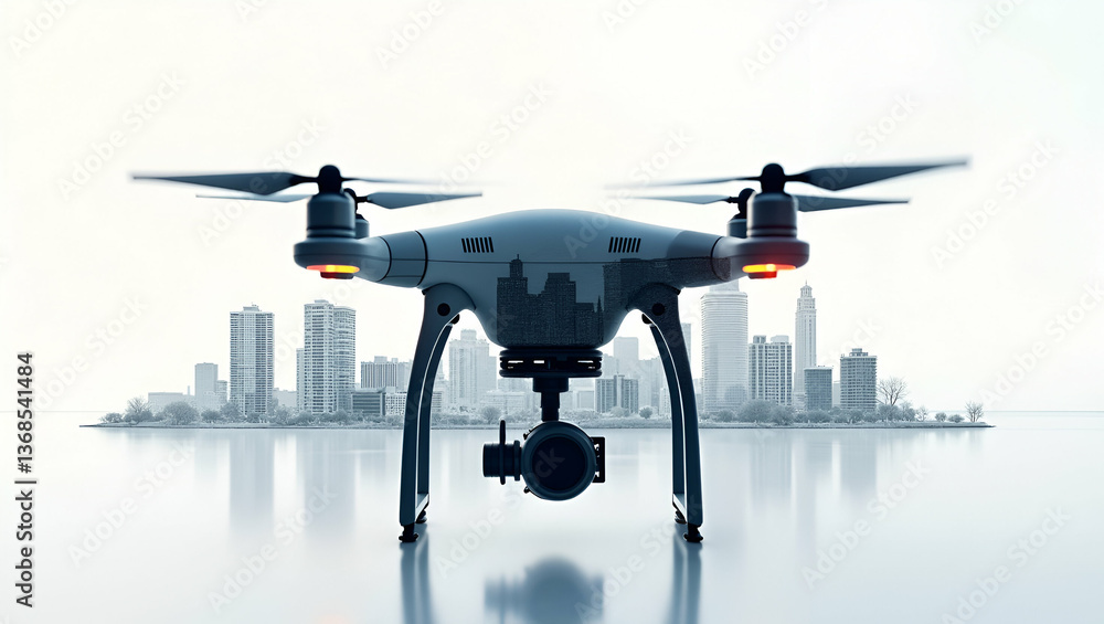 Poster 3d flat icon: silhouette of a drone and warehouse map for spatial optimization - double exposure des