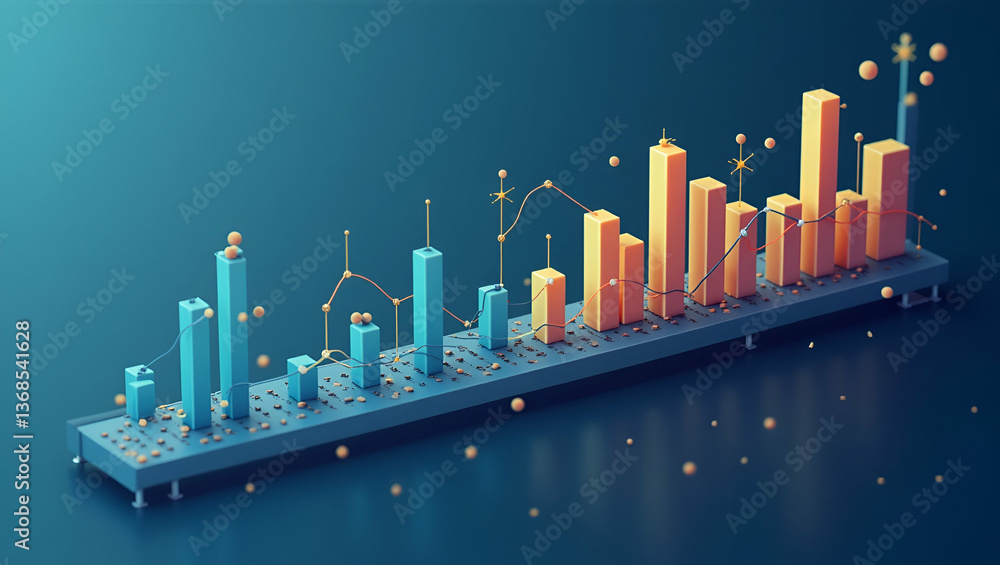 Poster 3d flat icon: conveyor system with data analysis chart for optimized warehouse productivity