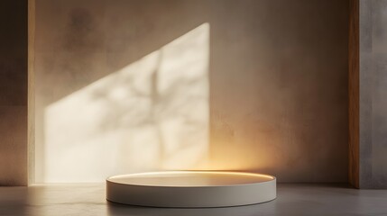 A sleek podium with an integrated LED base, casting a soft glow, placed against a neutral-toned background in a contemporary gallery.