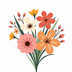 Vector flower collection in simple hand drawn cartoon style. Colorful cute spring flowers set isolated on white.