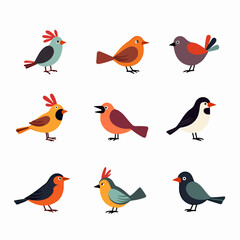 Set of flying and sitting cute birds. Colorful beautiful birds. Cute flying creatures. Vector illustration