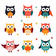 Set of cute owl illustrations in various colors, A colorful cartoon funny owl set on a white background