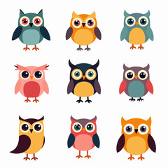 Set of cute owl illustrations in various colors, A colorful cartoon funny owl set on a white background