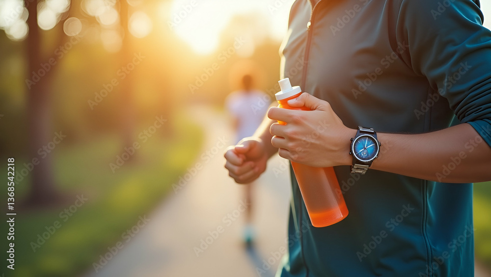 Poster tech-integrated fitness: smart watch and jogging path double exposure image