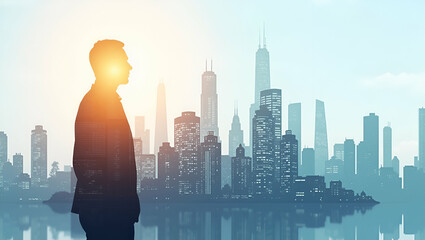 3d Flat icon as Silhouette of a person and a smart city symbolizing urban innovation in double exposure with copy space. concept as A silhouette of a person blended with a smart city skyline represent