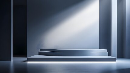 Obraz premium A modern podium with a clean, flat surface and minimalist design, illuminated by soft light in a high-contrast environment.