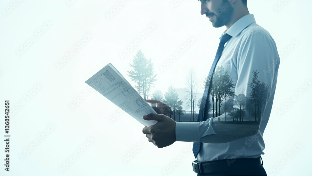 Poster double exposure: a person intertwined with a landscape blueprint symbolizing landscape architecture 
