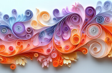 Abstract paper quilling art with pastel swirls in pink, purple, orange, and yellow on white background