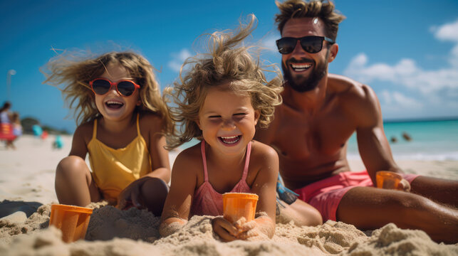 family of four enjoys sunny day at beach, playing in sand with colorful buckets. Laughter fills air as they create joyful memories together - Powered by Adobe