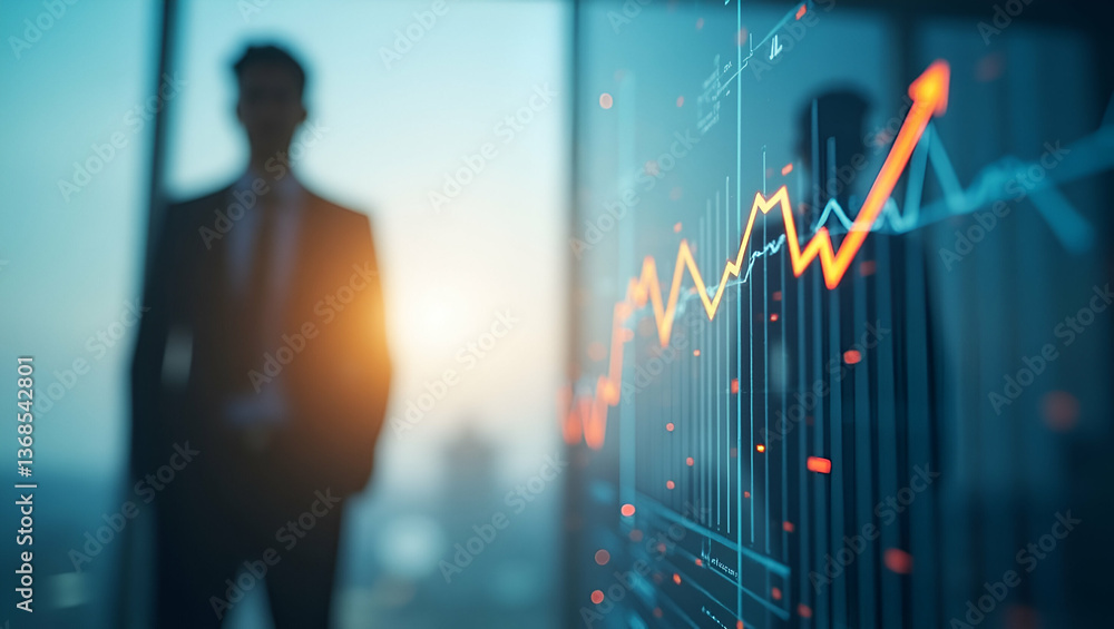 Poster 3d flat icon: silhouette of a person merged with market index chart - symbolizing market performance