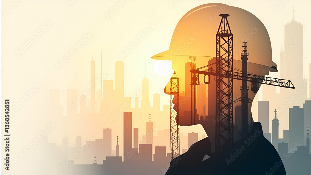 Poster 3d flat icon: silhouette of a person blended with structural engineering diagram - double exposure d