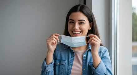Smiling Young Woman Removing Face Mask Indoors with Hopeful Expression