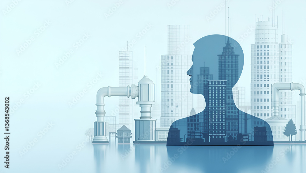 Poster 3d flat icon of a person blended with piping diagram: symbolizing engineering processes and technica