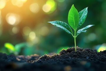 A small green plant growing from dark soil with a blurred background and sunlight shining on it