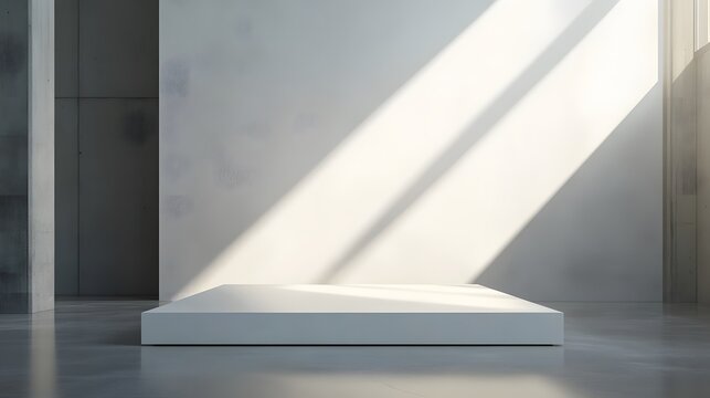 A white podium with a glossy surface and clean, angular shape, standing in an industrial space with dramatic lighting and minimalist decor.