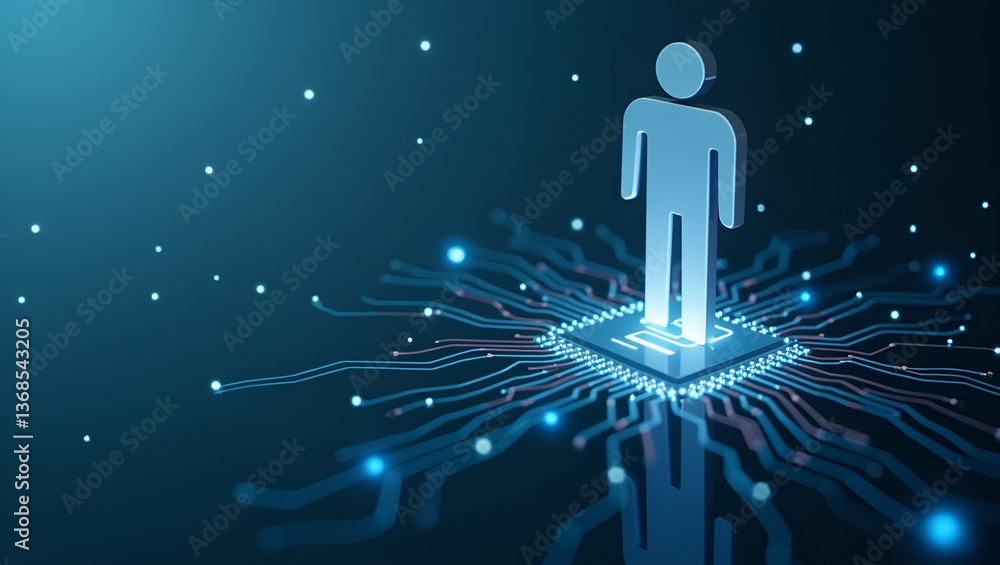 Poster 3d flat icon of a person merged with a computer chip: symbolizing digital innovation and technology 