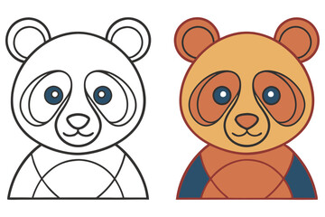 Panda Bear Line Art and Colored Version on a White Background