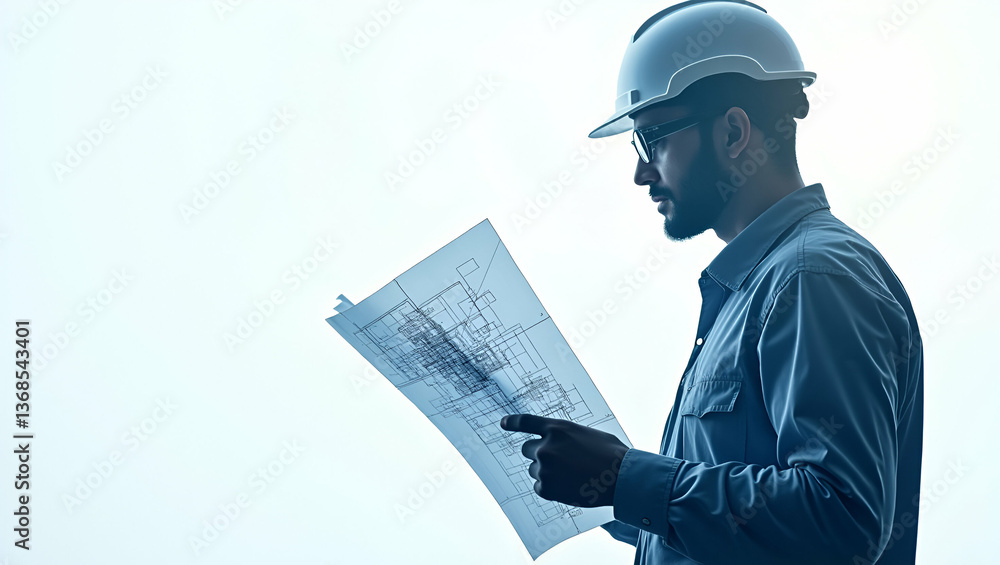Poster 3d flat icon as silhouette of an engineer and a mechanical blueprint symbolizing technical design in