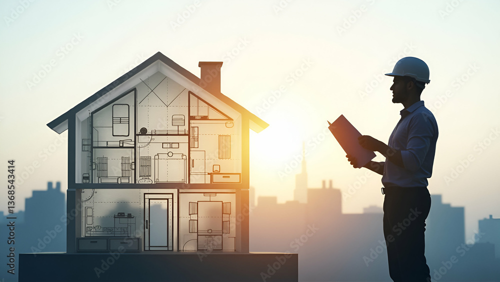 Poster double exposure: architect silhouette merging with house floor plan - a visual concept for home plan