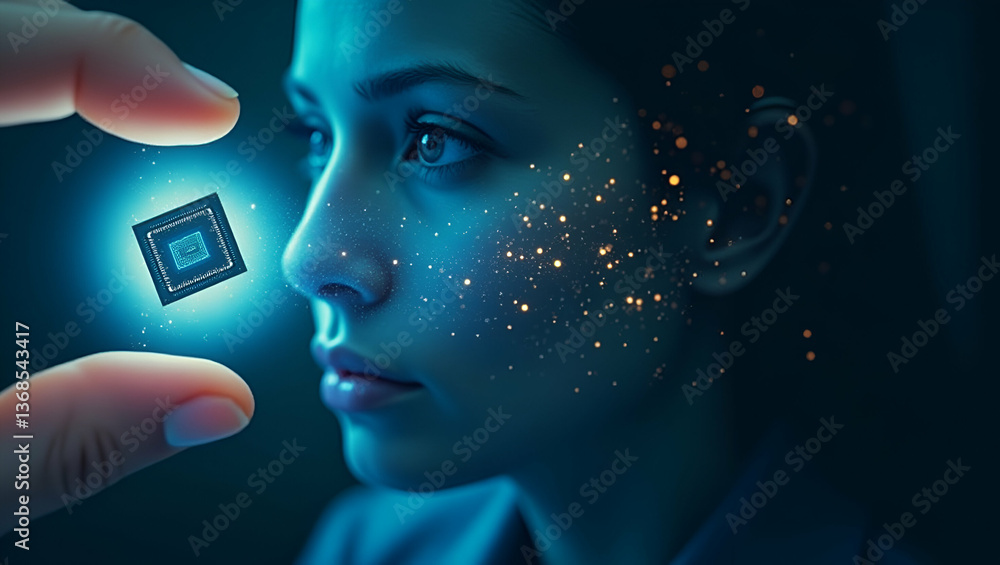 Poster innovative fusion: a person and microchip in double exposure - symbolizing electronic advancements a