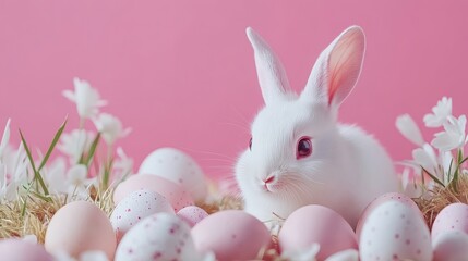 White Bunny Among Pink Easter Eggs And Flowers