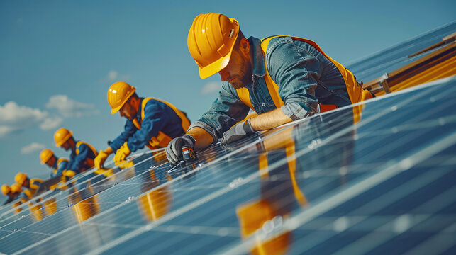 Solar panel installation workers in hard hats focus on their tasks under clear blue sky. teamwork and dedication highlight importance of renewable energy