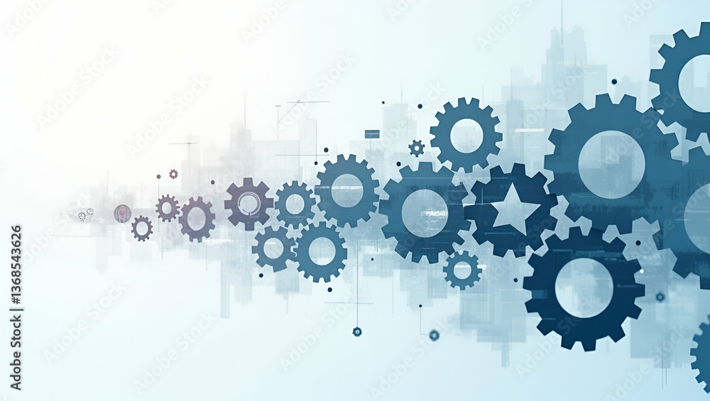 Poster 3d flat icon: overhead view of business workflow with gears & digital tools