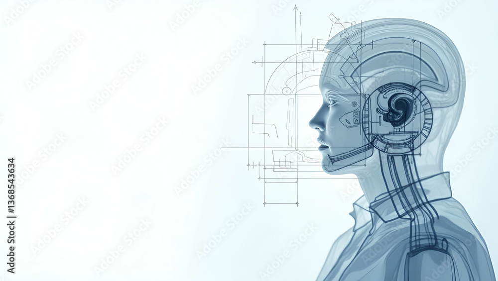 Poster 3d flat icon: person intertwined with mechanical part blueprint for design innovation