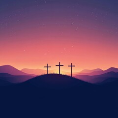 Three crosses at sunrise with spiritual symbolism, Catholic Easter and Good Friday concept art
