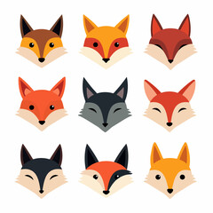 Set of fox vector illustrations on white background, Illustration of various stylized wolf and fox heads with different colors and expressions.