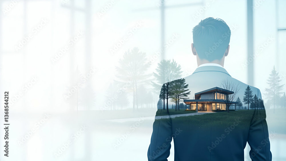 Poster person and a landscape blueprint symbolizing landscape architecture in double exposure with copy spa
