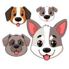 Set of cartoon a dog, Dog avatars. Cartoon dog faces. Various doggy heads. Cute puppy portraits of different breeds