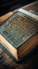 Fototapeta premium Ornate Quran book, open pages, detailed calligraphy, wooden table background