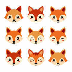 Set of fox vector illustrations on white background, Illustration of various stylized wolf and fox heads with different colors and expressions.