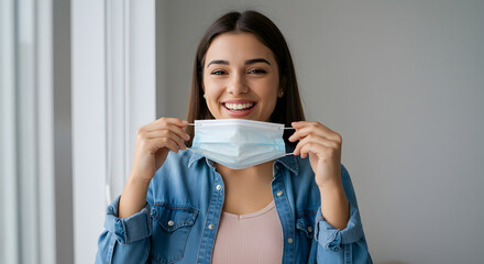 Smiling Young Woman Removing Face Mask Indoors with Hopeful Expression