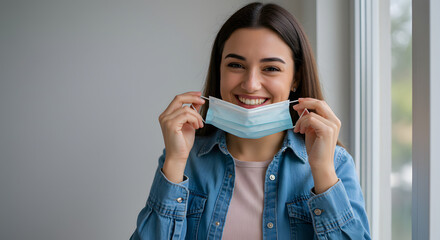Smiling Young Woman Removing Face Mask Indoors with Hopeful Expression