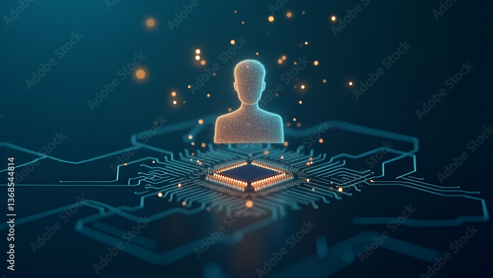 Poster 3d flat icon as person and a microchip symbolizing electronic innovation in double exposure with cop