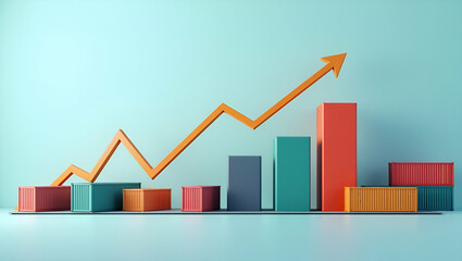3d Flat icon as Container yard and a profit margin chart symbolizing logistics profitability in double exposure with copy space. concept as A container yard blended with a profit margin chart represen