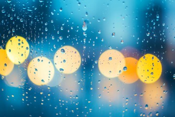 Rainy Window with Raindrops and Colorful Bokeh Background