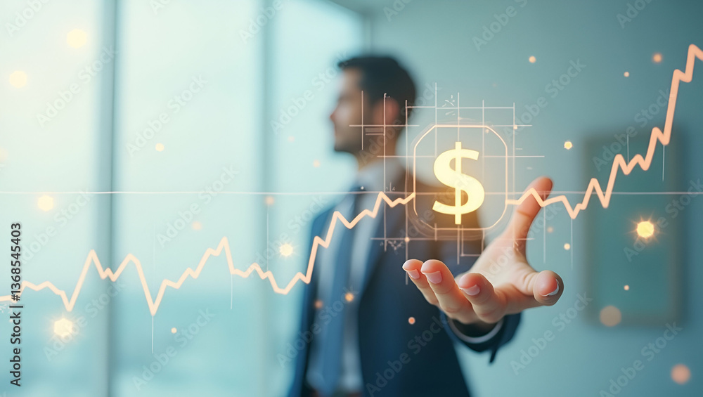 Poster 3d flat icon of a persona merged with stock chart and currency symbol: visualizing investment trends
