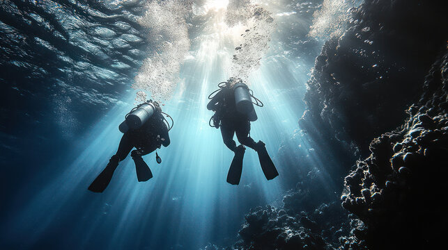 Diving excursion with two divers exploring underwater scenery, surrounded by sunlight filtering through water, creating serene